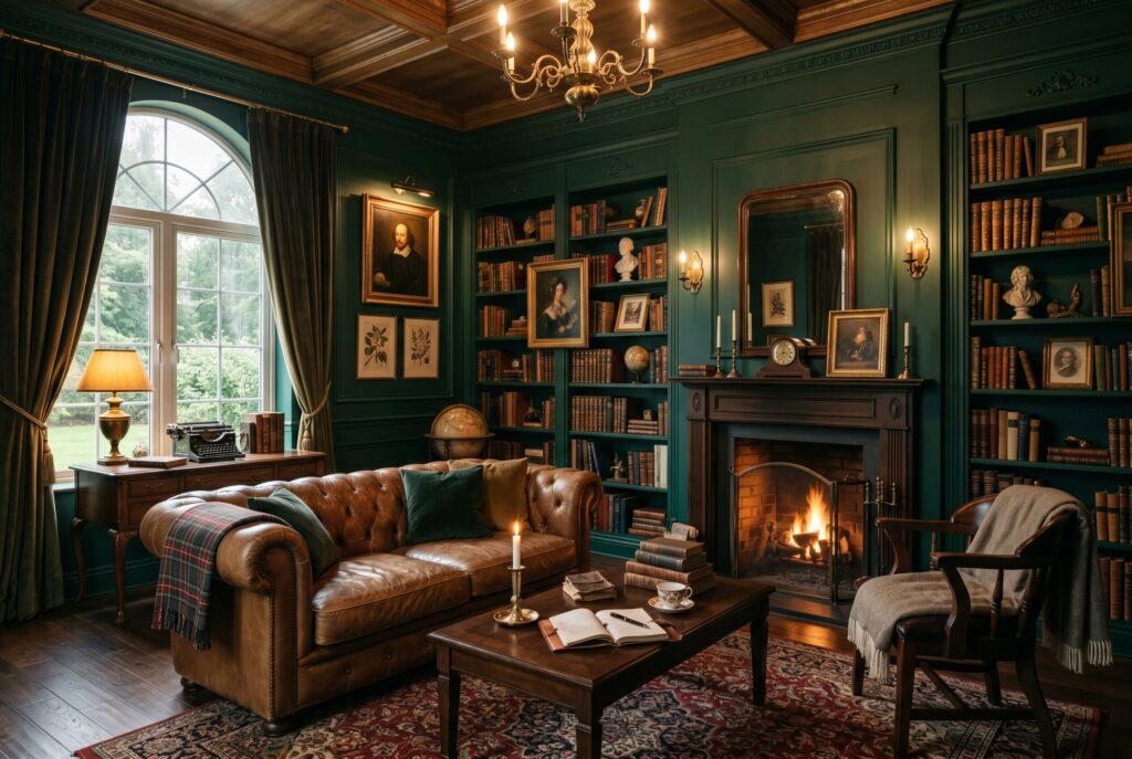 Emerald green dark academia living room with leather sofa, fireplace, and brass lighting. 