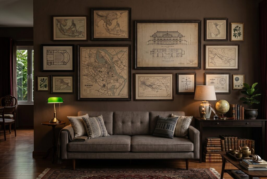 Vintage map and blueprint gallery wall above sofa in dark academia living room. 