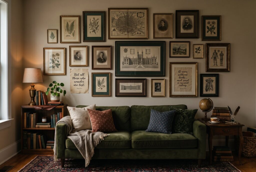 Thrifted gallery wall with vintage frames above sofa in dark academia living room. 