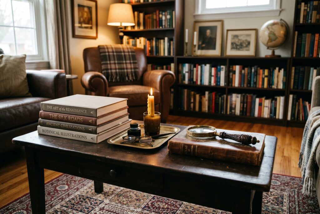 Curated coffee table with art books, candle, and brass decor accents. 