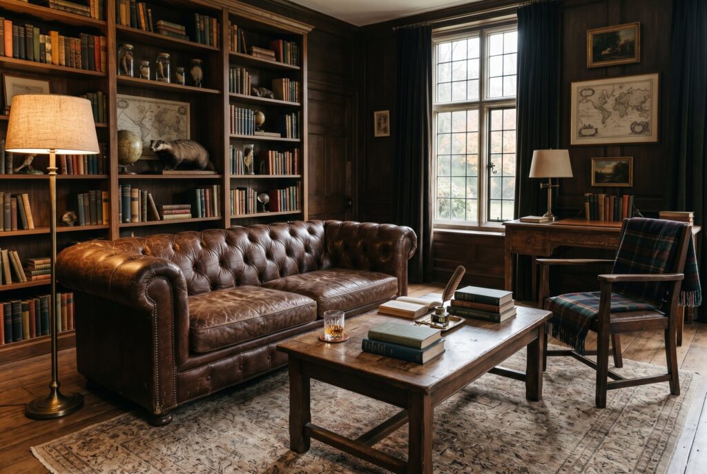 Worn leather sofa with walnut furniture and floor to ceiling bookshelves. 