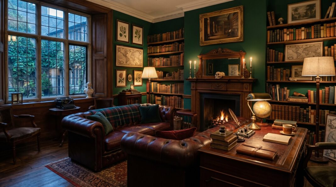 Dark academia living room with leather Chesterfield sofa, fireplace, and floor to ceiling bookshelves.