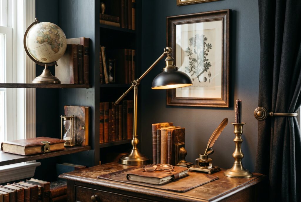 Aged brass desk lamp and bronze accents in dark academia office with vintage books. 