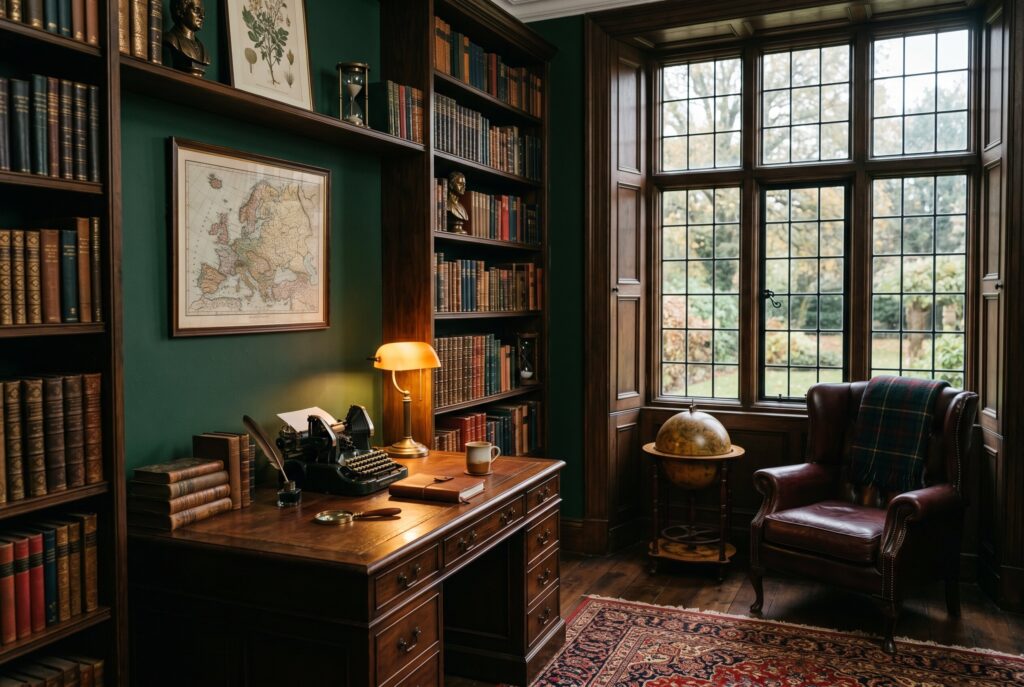 Moody dark academia office with hunter green walls, leather chair, and vintage wood desk. 