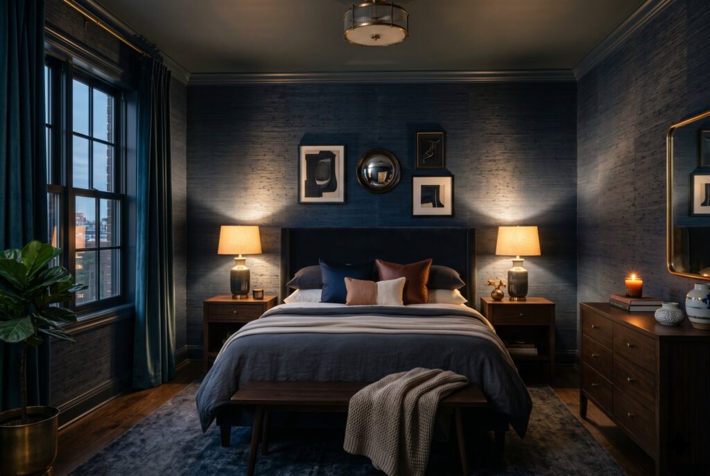 Dark grasscloth wallpaper bedroom with brass lighting and luxury moody decor. 