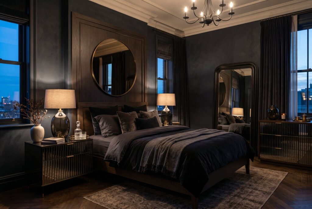 Smoked glass mirror accents in dark bedroom with warm moody ambient lighting. 