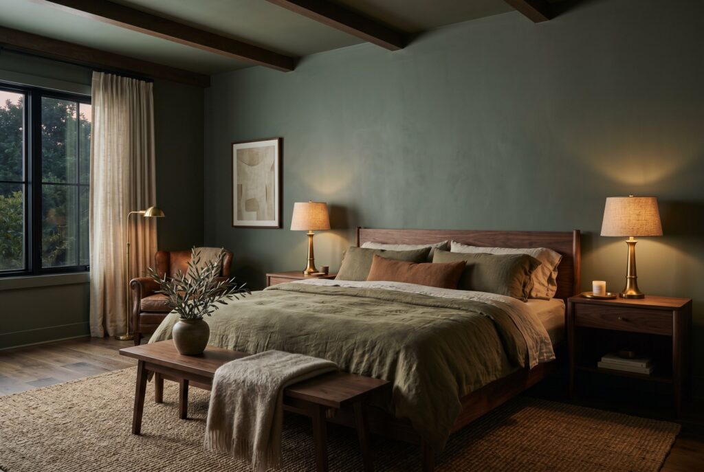Dark sage green bedroom with warm wood furniture and organic modern bedroom styling. 