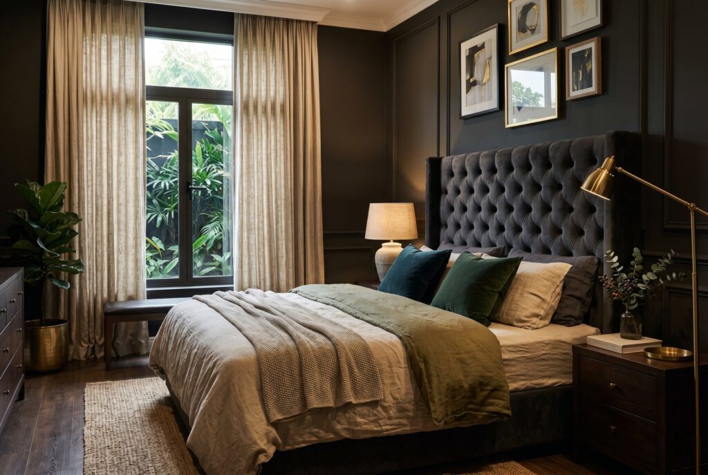 Velvet headboard with French flax linen bedding in dark luxury bedroom design. 