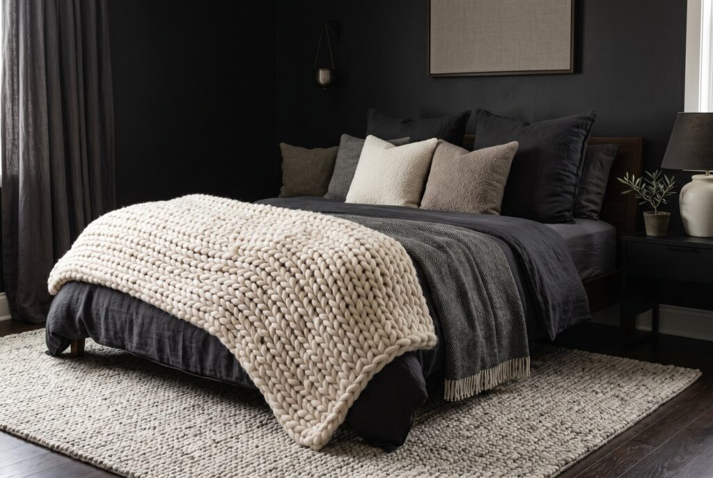 Chunky knit throw blanket in black bedroom with textured neutral area rug.