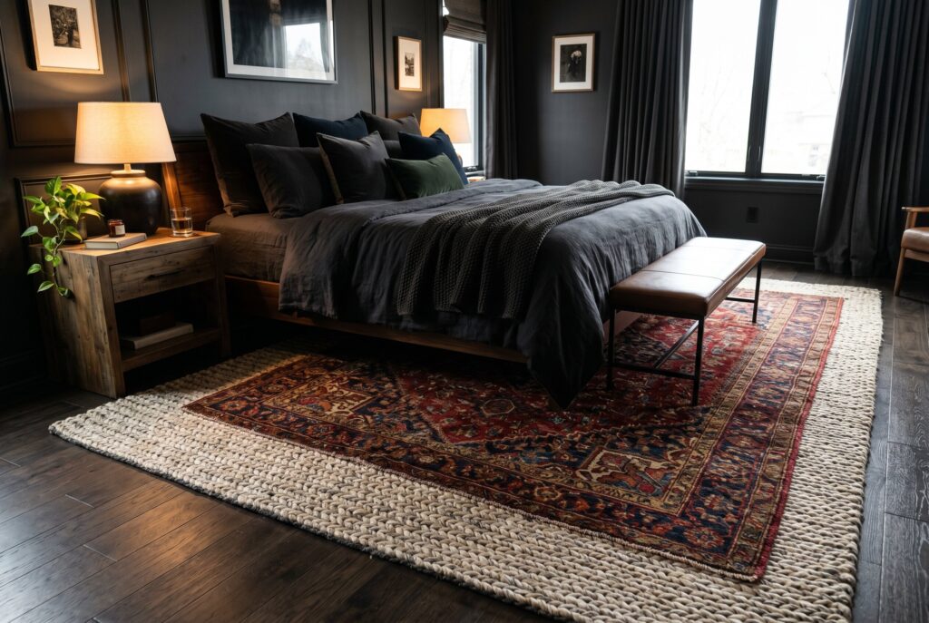 Large vintage rug in dark bedroom with layered charcoal bedding and warm wood furniture. 