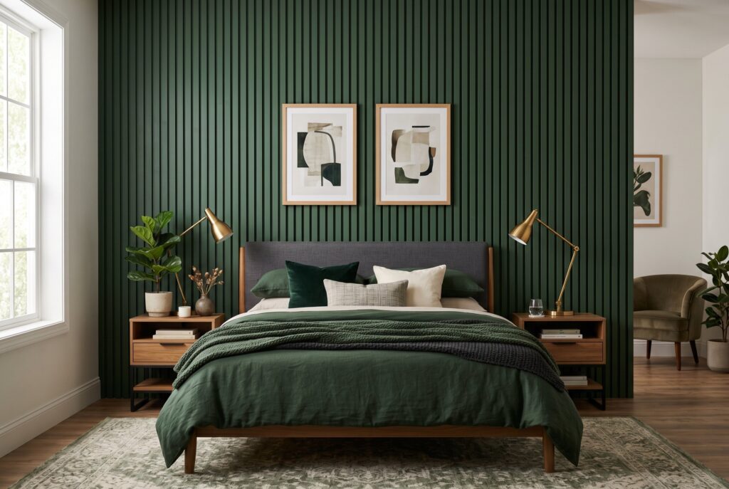 Vertical wood slat accent wall painted forest green behind modern platform bed.