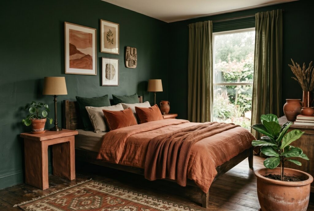 Moody green bedroom with terracotta bedding, clay decor, and earthy Mediterranean accents.
