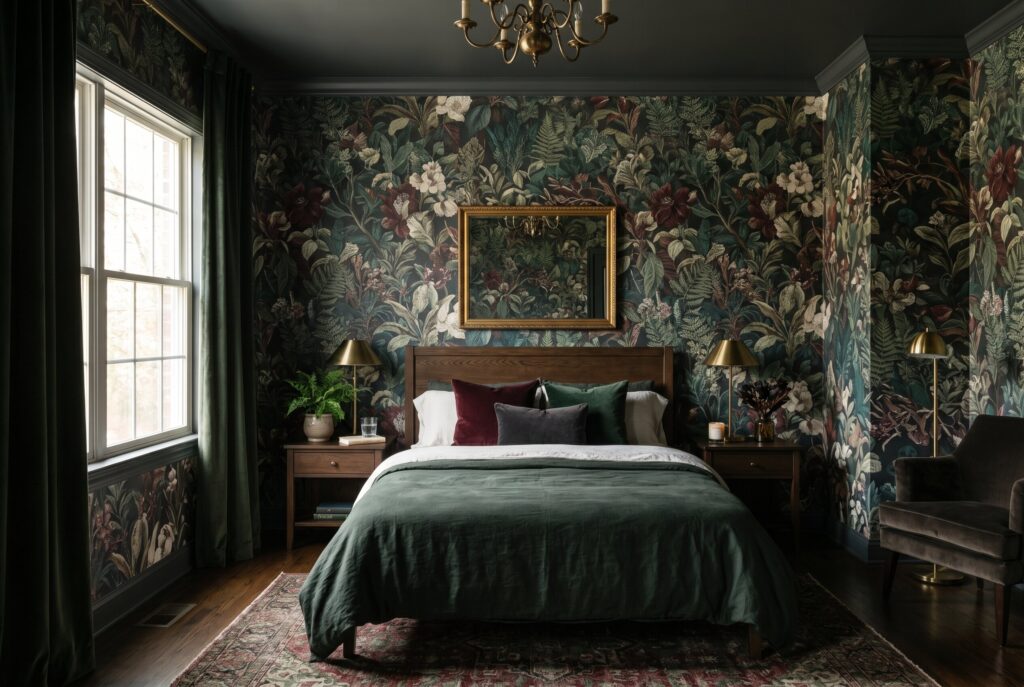 Moody botanical wallpaper bedroom with dark floral pattern and layered green bedding.