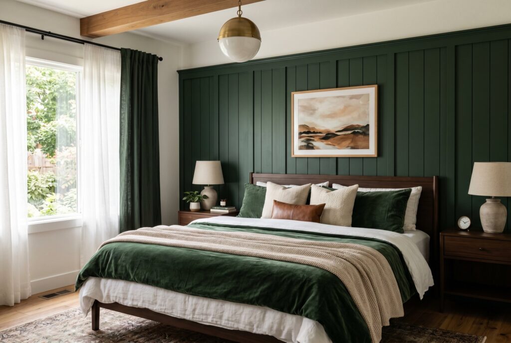 Board and batten dark green accent wall behind bed with warm wood furniture.