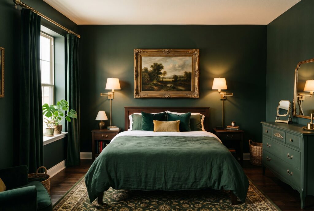 Dark green bedroom with antique brass lighting, framed artwork, and emerald bedding.