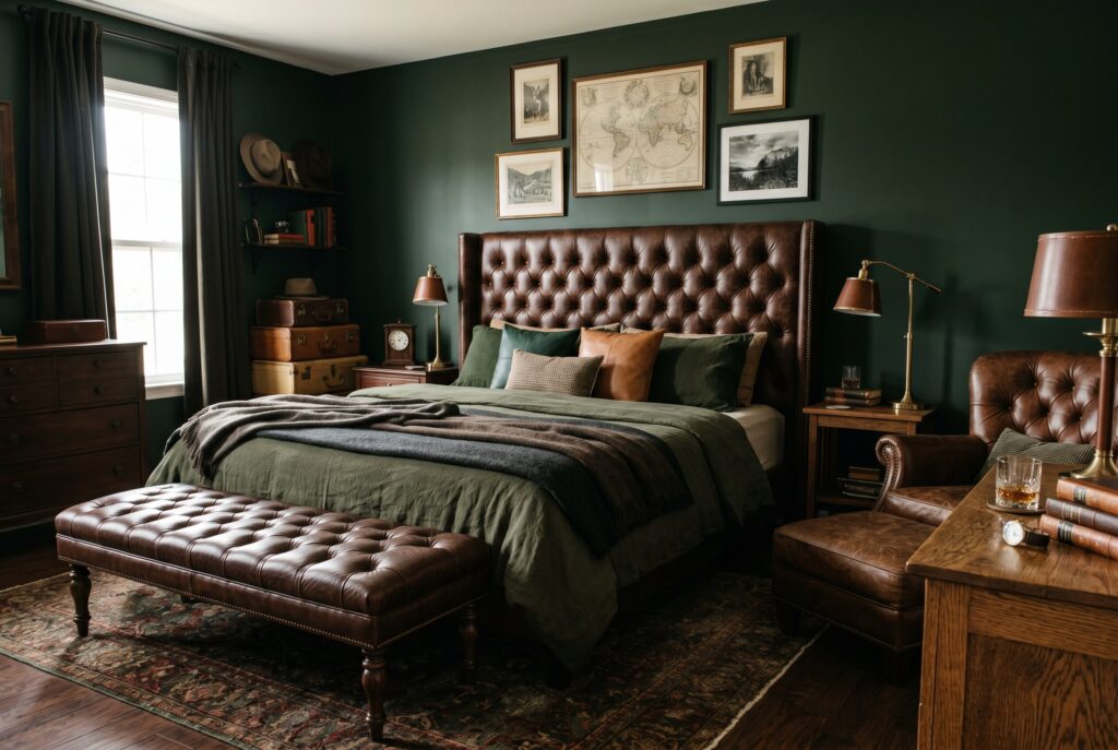 Tufted leather bed and bench in dark green bedroom with masculine luxury styling.