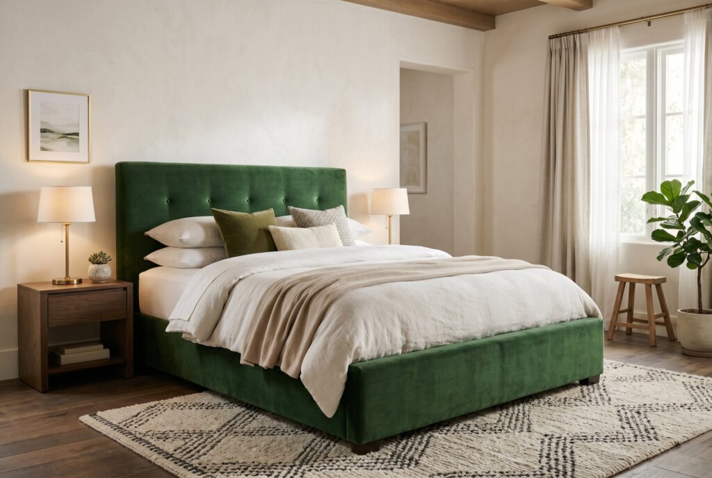 Green velvet upholstered bed frame with layered white bedding and neutral bedroom decor.