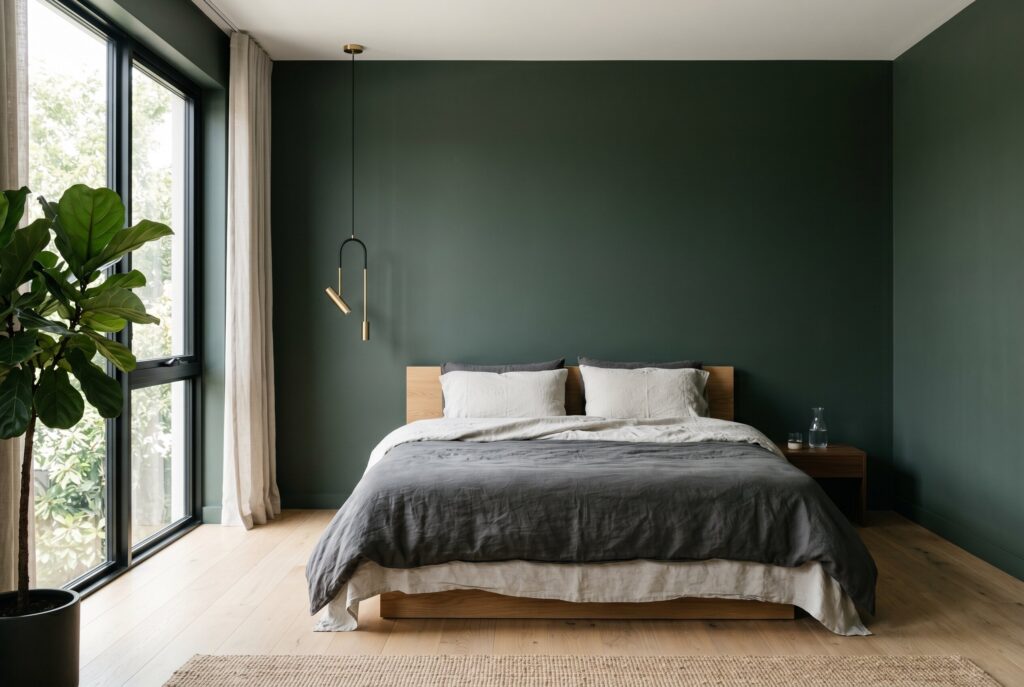 Minimalist dark green bedroom with low platform bed and simple linen bedding.