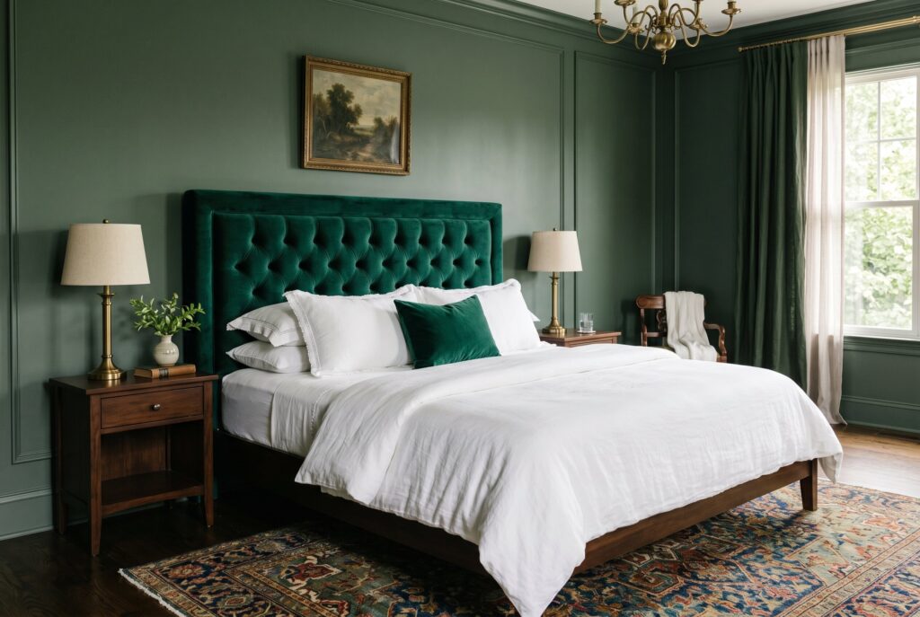 Emerald green velvet headboard with white bedding and vintage bedroom rug.