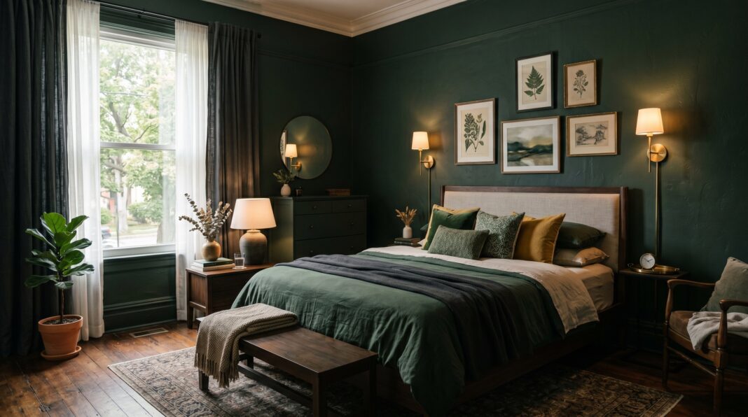 Dark green bedroom ideas with layered green bedding and warm ambient lighting.