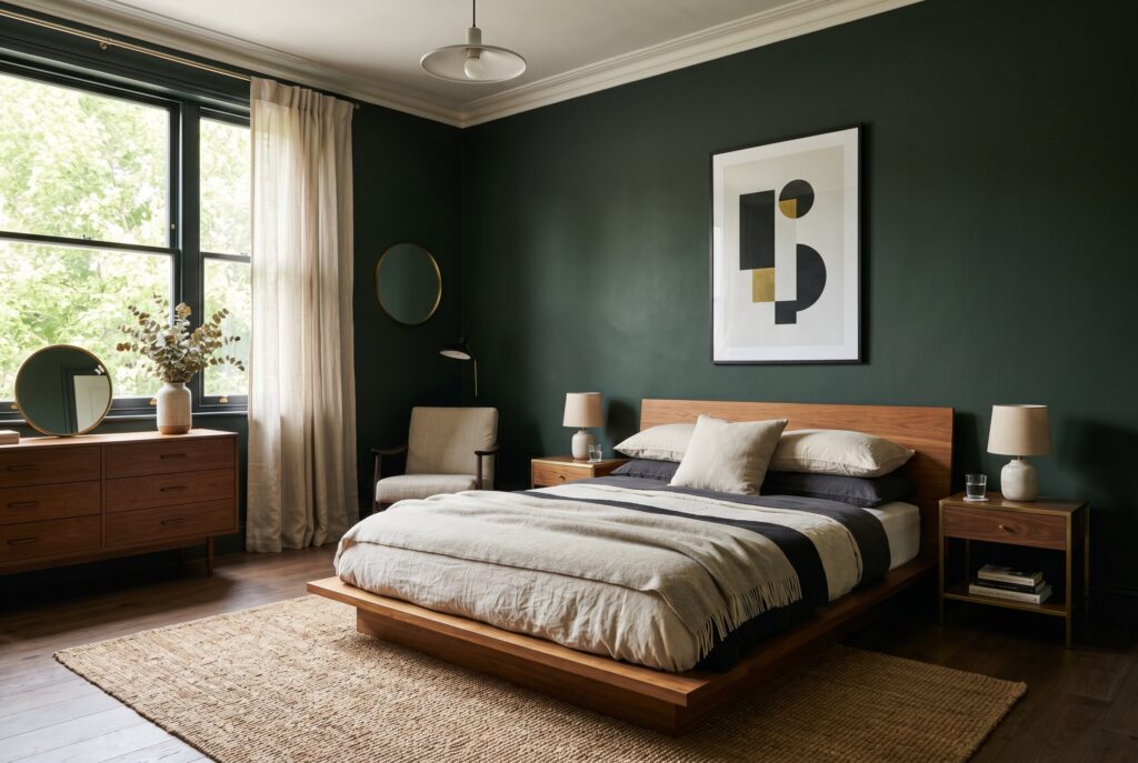 Low profile platform bed in dark green bedroom with warm wood furniture and neutral bedding.