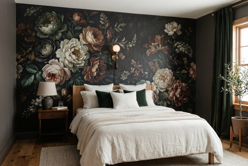 Dark floral mural behind bed with oversized blooms and minimalist white bedding.
