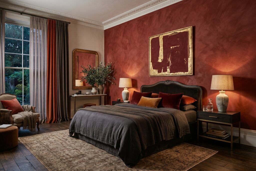 Matte red limewash bedroom walls with dark bedding and warm ambient lighting. 