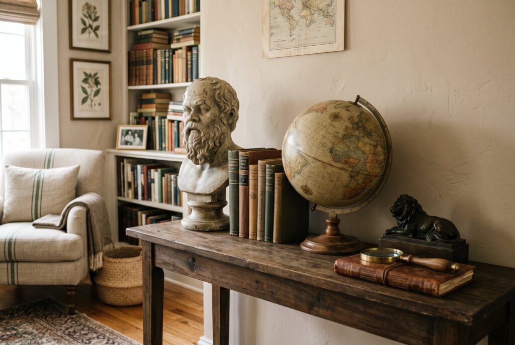 Classical bust sculpture and vintage globe display with books and scholarly decor. 