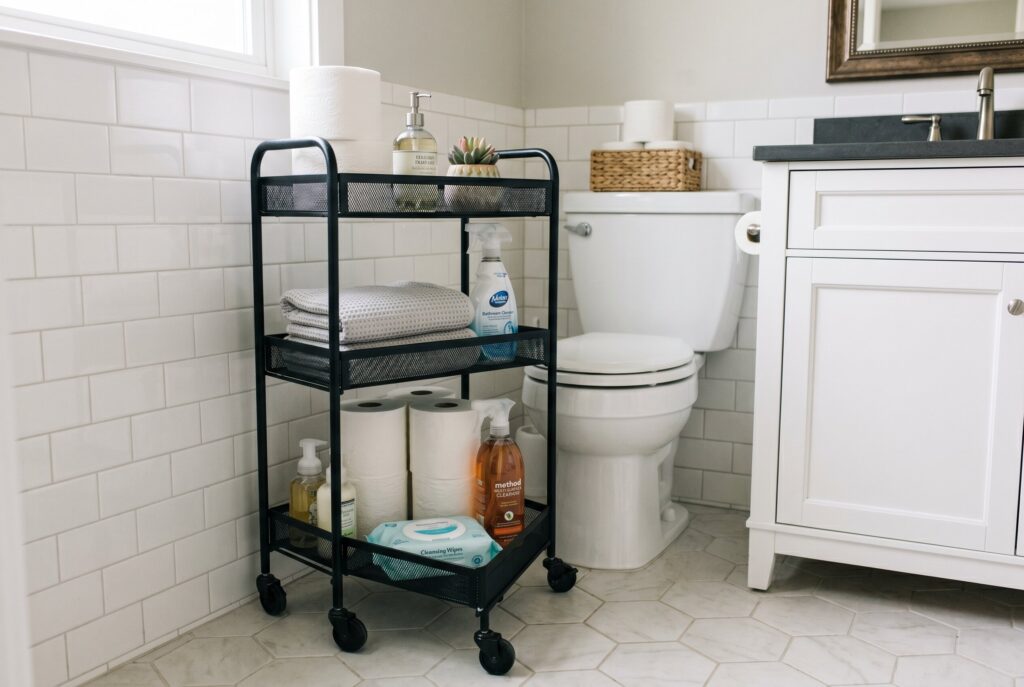 Built in bathroom wall niche with vertical toilet paper storage and floating vanity design. 