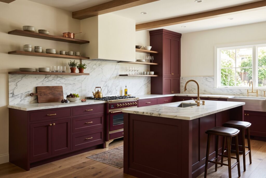 Elegant kitchen with deep burgundy cabinets, marble backsplash, wood beams, and spacious island seating. 