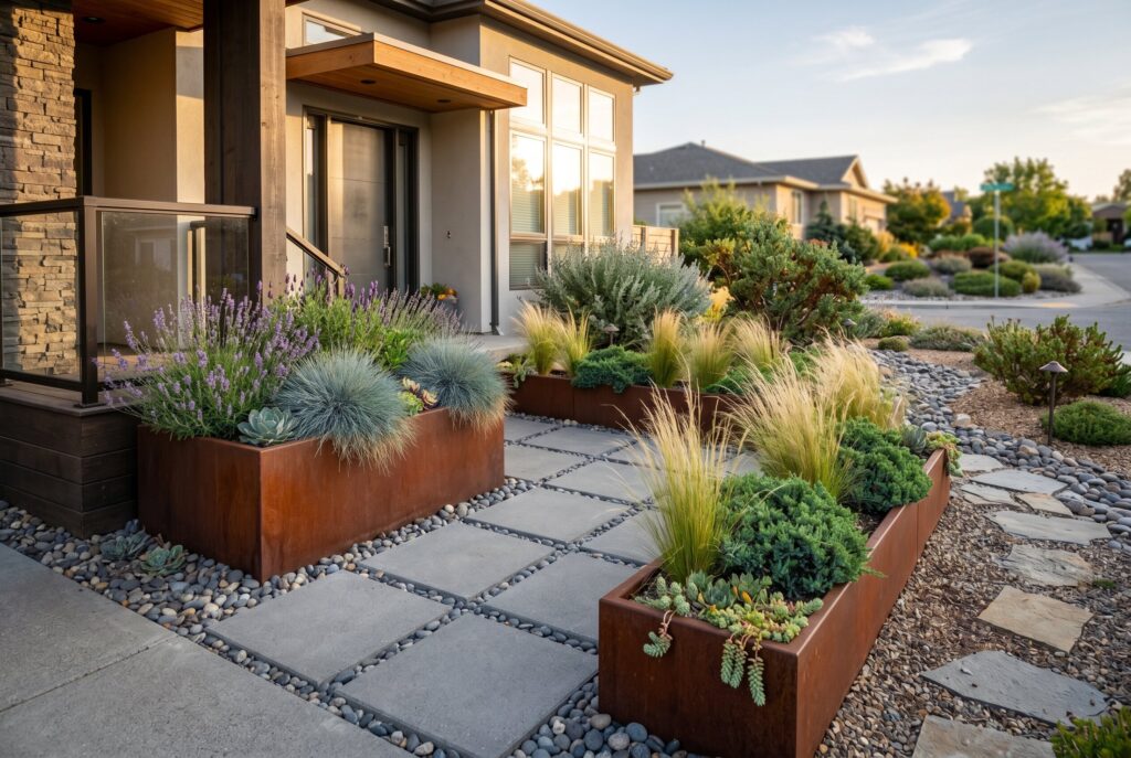 Corten steel planter boxes with ornamental grasses and modern front yard landscaping.