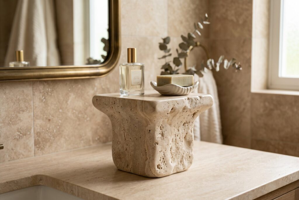 Carved travertine pedestal with perfume bottle and organic modern bathroom vanity design.