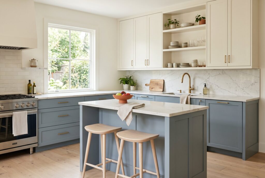 Muted blue gray lower cabinets with cream uppers in a relaxed coastal kitchen.