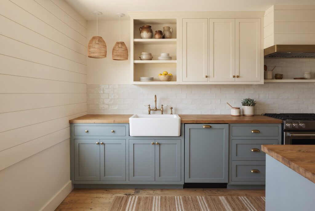 Muted blue gray lower cabinets with cream uppers in a relaxed coastal kitchen. 