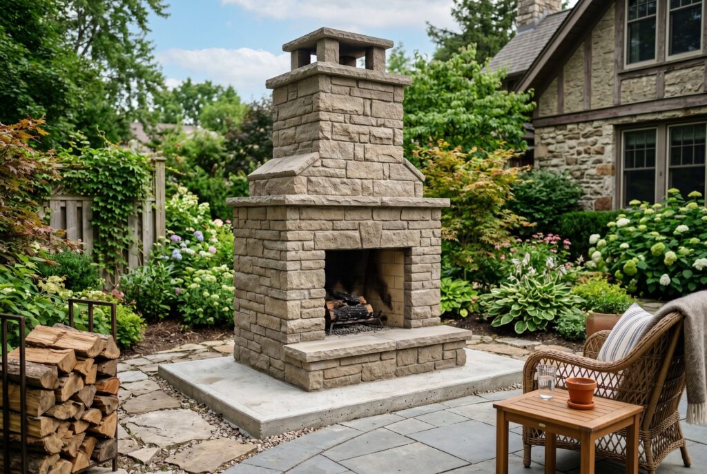 Stack and glue masonry outdoor fireplace kit with stone fireplace design and patio seating. 