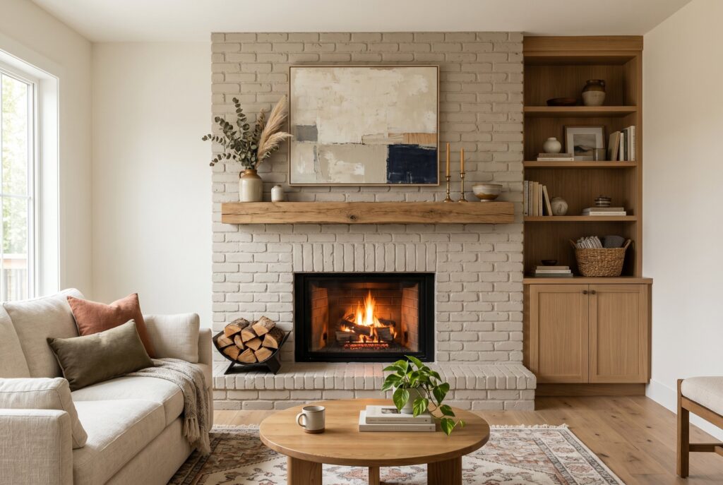 Cozy painted fireplace ideas with warm neutral palette and rustic fireplace mantel decor. 