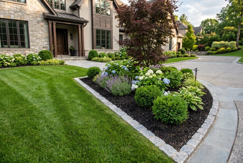 Clean garden bed edging with shrubs, mulch, and curved front walkway landscaping.