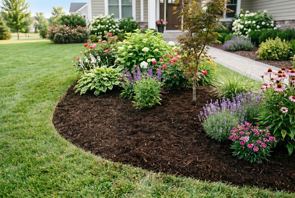 Fresh mulch garden beds with flowering perennials and clean front yard landscaping design.