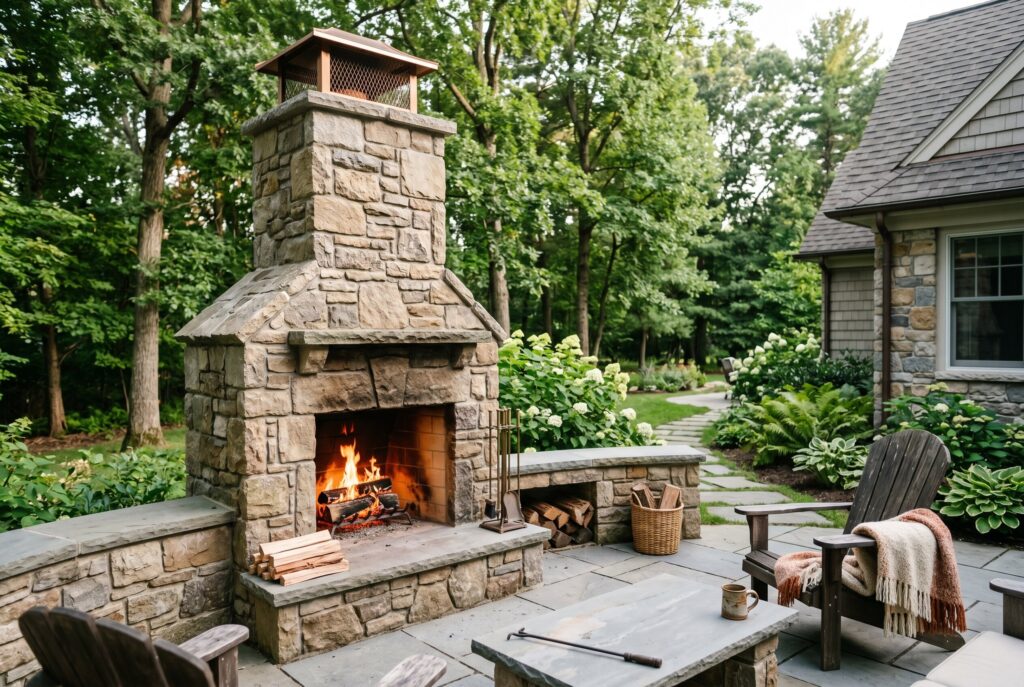 Advanced draft optimized outdoor fireplace kit with stone patio fireplace and lounge seating. 