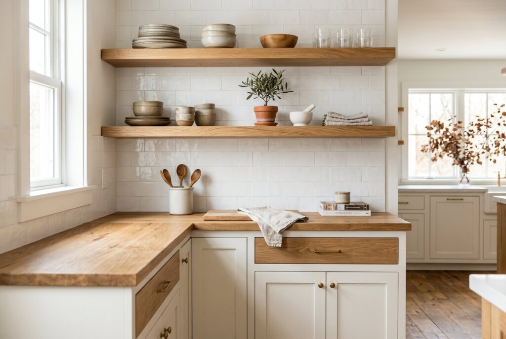 Cozy neutral kitchen with wood countertops, open shelving, and soft Scandinavian-inspired design.