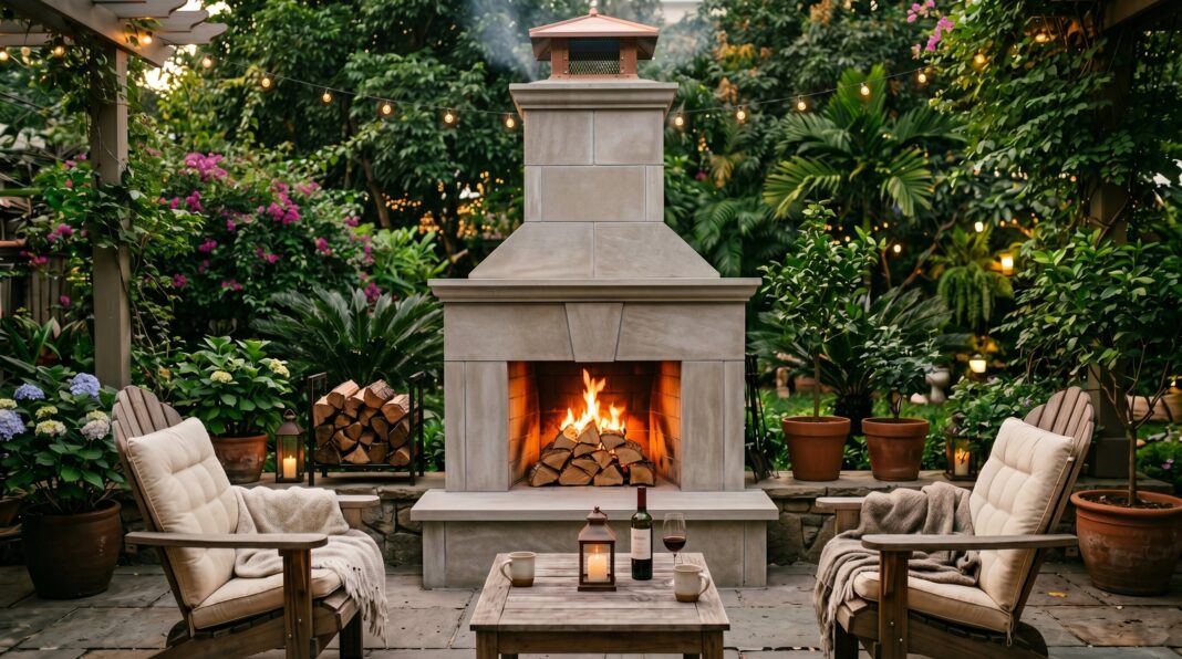 DIY outdoor fireplace with cozy patio seating, garden lighting, and modern backyard landscaping.