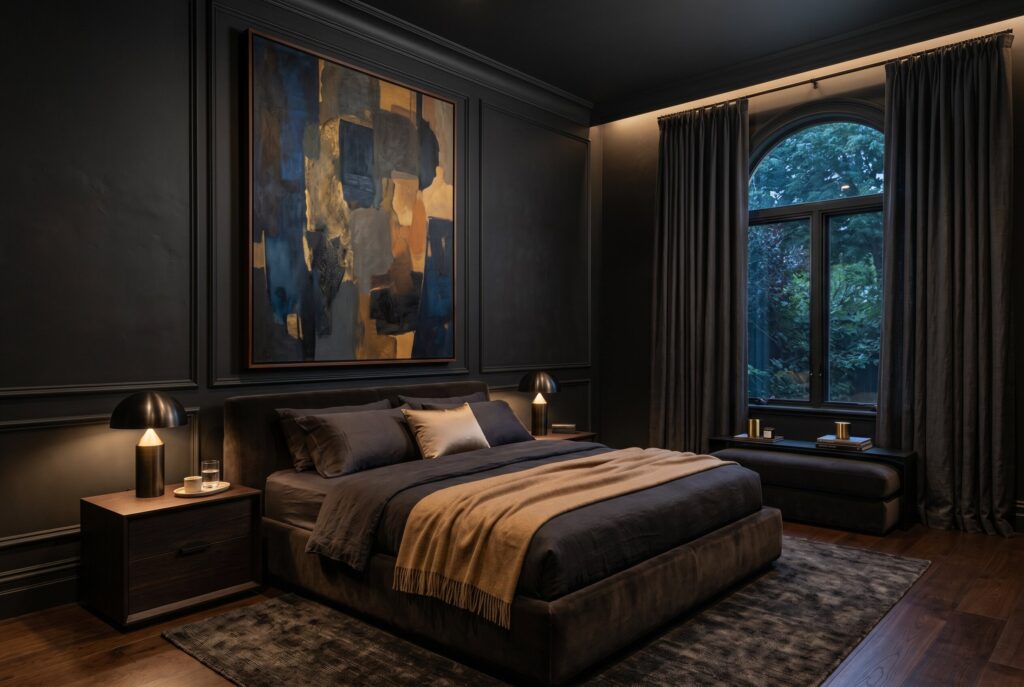 Oversized abstract artwork in dark bedroom with warm moody lighting and panel walls. 
