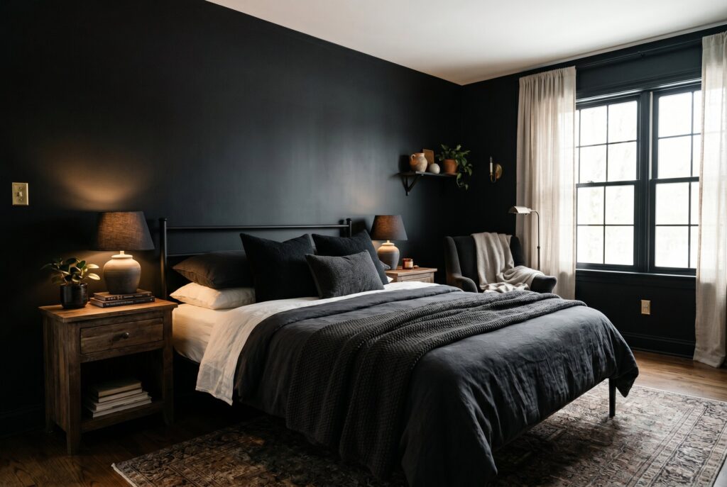 Matte black bedroom walls with warm wood nightstands and soft layered bedding.