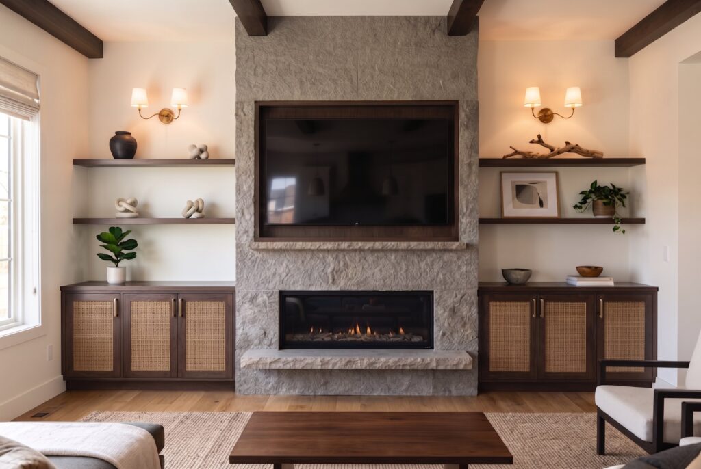 Modern fireplace wall ideas with TV, floating shelves, and built in cabinet storage.