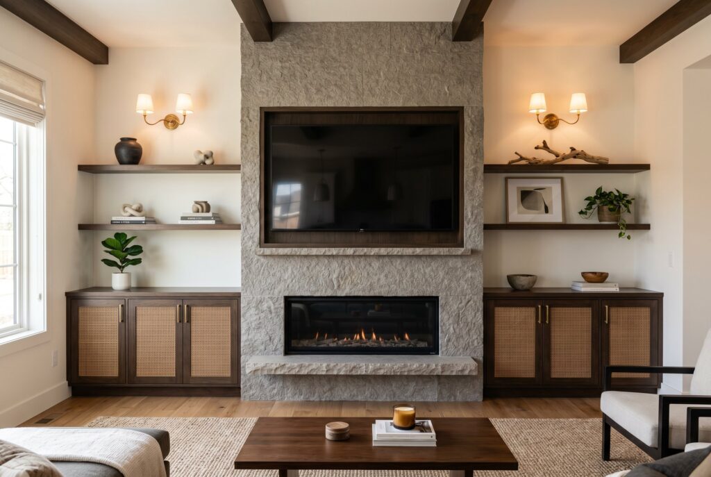 Modern fireplace wall ideas with TV, floating shelves, and built in cabinet storage.