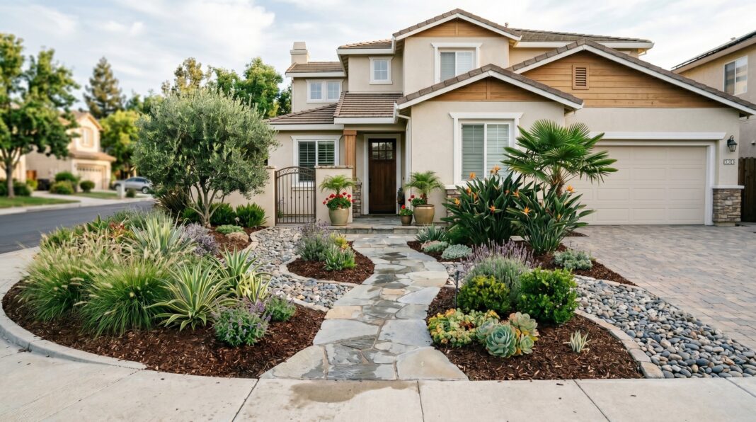 Low maintenance front yard landscaping with curved walkway, mulch beds, and drought tolerant plants.