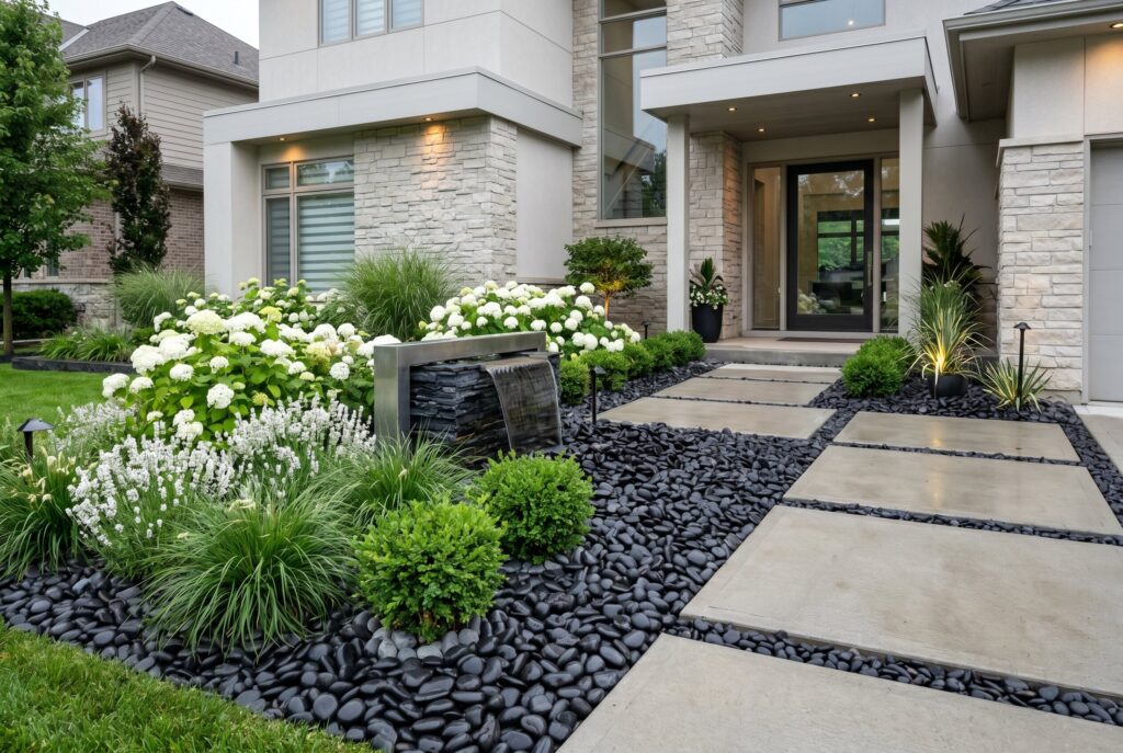 Black landscaping rocks with white flowers and modern front yard curb appeal.