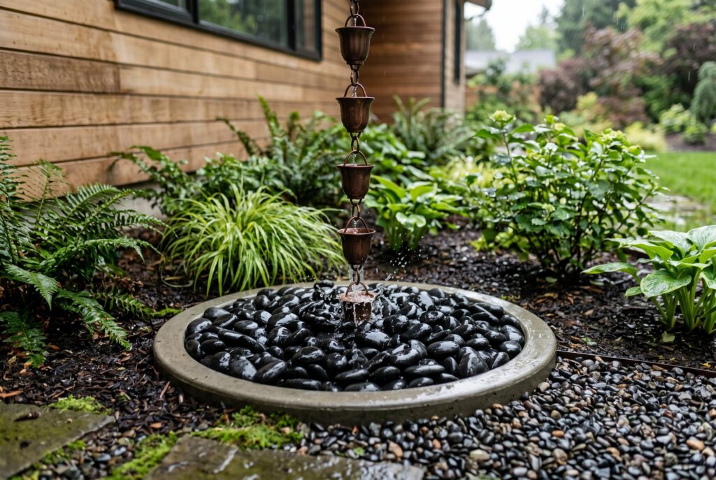 Rain chain basin with black pebbles and decorative water drainage feature.