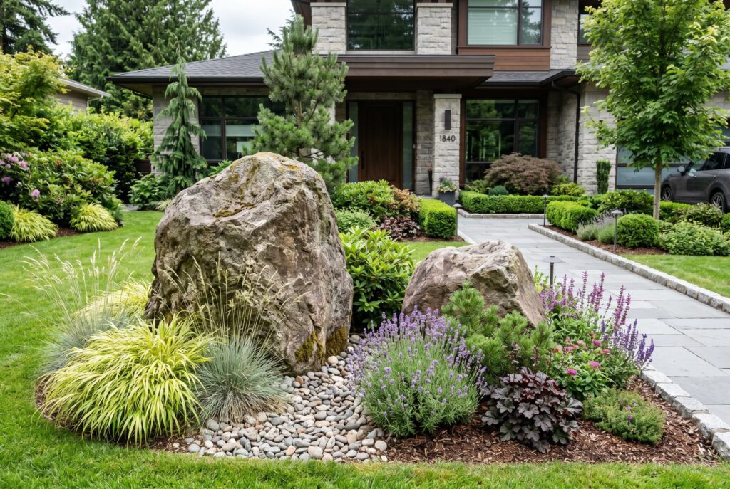 Large decorative boulders with ornamental grasses in modern rock garden landscaping.