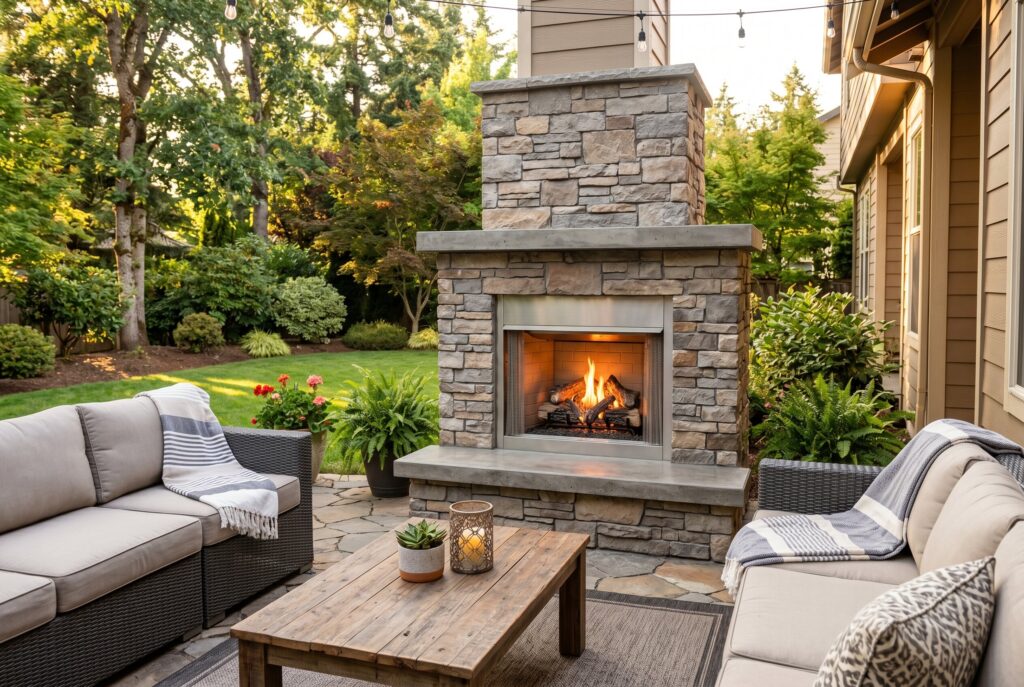 Stone veneer outdoor fireplace with gas insert and modern patio lounge furniture. 